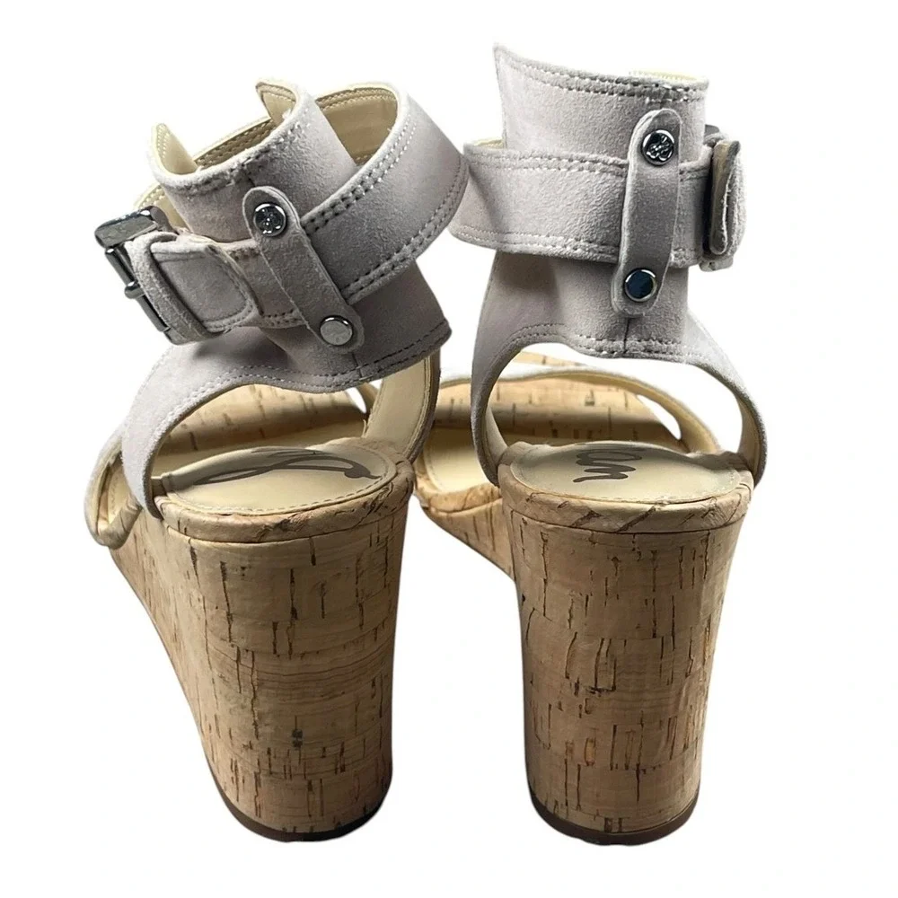 Sam Edelman Women Light Gray Suede Cork Wedge Sandals Size 6.5 Ankle Strap Shoes